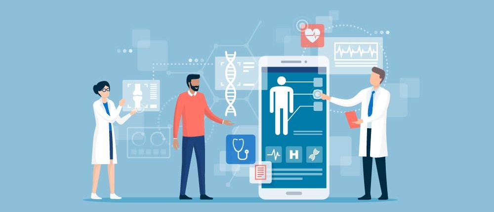 healthcare graphic with doctor pointing at a phone screen and healthcare icons in background